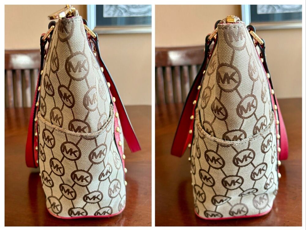 MICHAEL KORS - Jet Set Signature Studded Tote - Beige/Tan Canvas & Red Leather - Picture 6 of 11